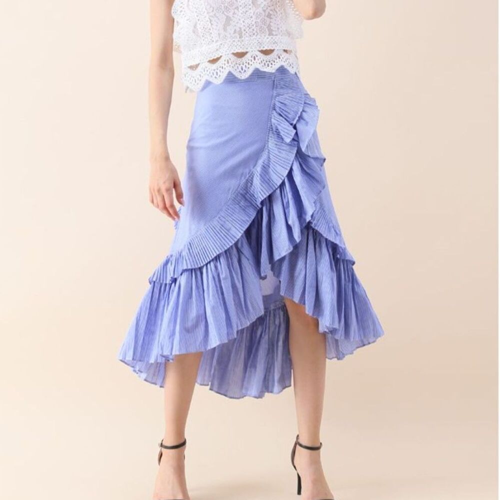 Chicwish Blue Pinstripe Ruffle Skirt 2 Cotton High Low Midi Tiered Beach Resort